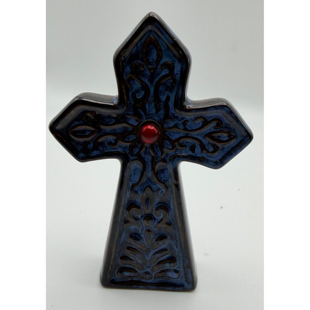 Blue Glazed Ceramic Standing Cross with Red Center Stone Filigree Design